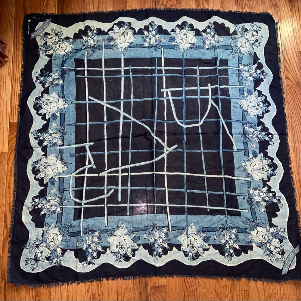 45R 45RPM Japan $348 Indigo Hand Printed Floral 42” Scarf Furoshiki NWOT - Picture 10 of 10